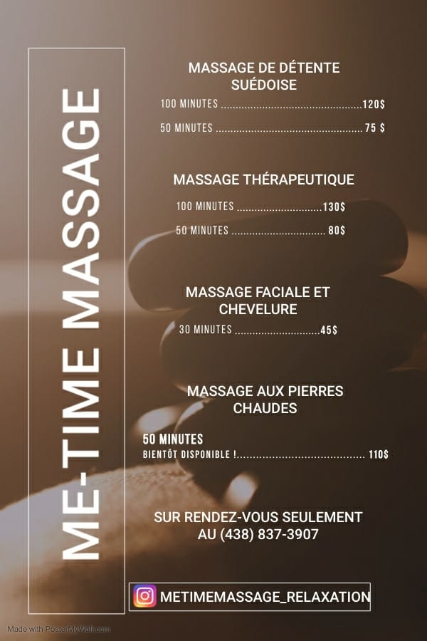 Me-Time Massage | 6020 Bd Laurier, Terrebonne, QC J7M 0A1, Canada | Phone: (438) 837-3907