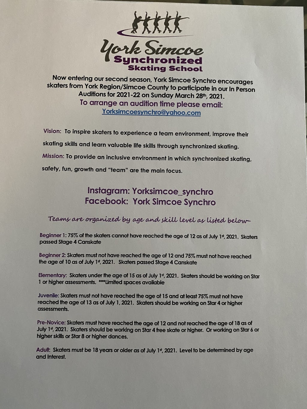 York Simcoe Synchronized Skating School | 100 Eagle St W, Newmarket, ON L3Y 4X7, Canada | Phone: (905) 960-2283