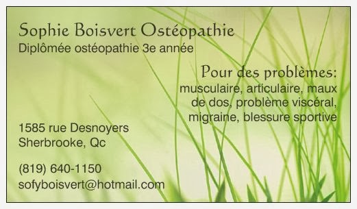 Sophie Boisvert Ostéopathie | 1585 Rue Desnoyers, Sherbrooke, QC J1K 2G4, Canada | Phone: (819) 640-1150