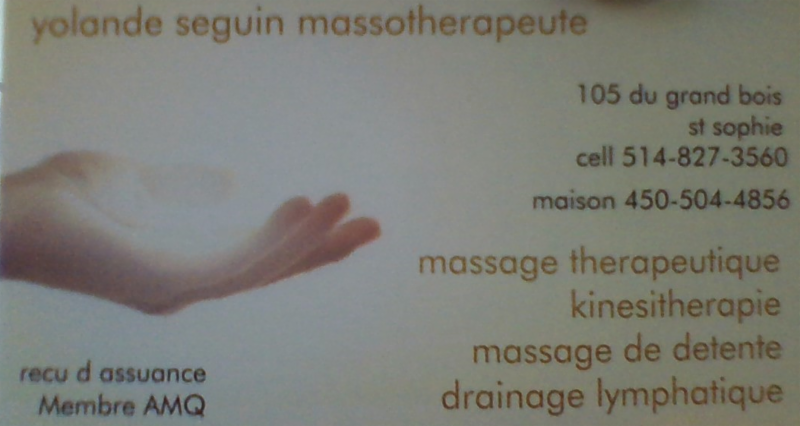 Massotherapeute Yolande Seguin | 105 Rue du Grand-Bois, Sainte-Sophie, QC J5J 0H3, Canada | Phone: (450) 504-4856