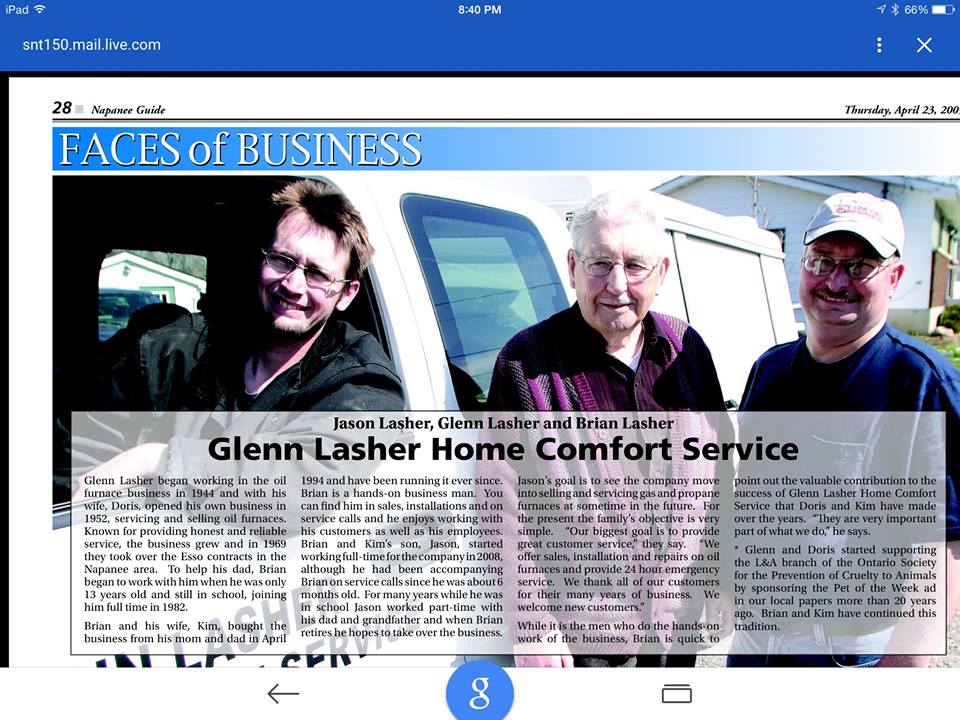 Lasher Glen Home Comfort Service | 1673 Sharpe Rd, Odessa, ON K0H 2H0, Canada | Phone: (613) 386-7248