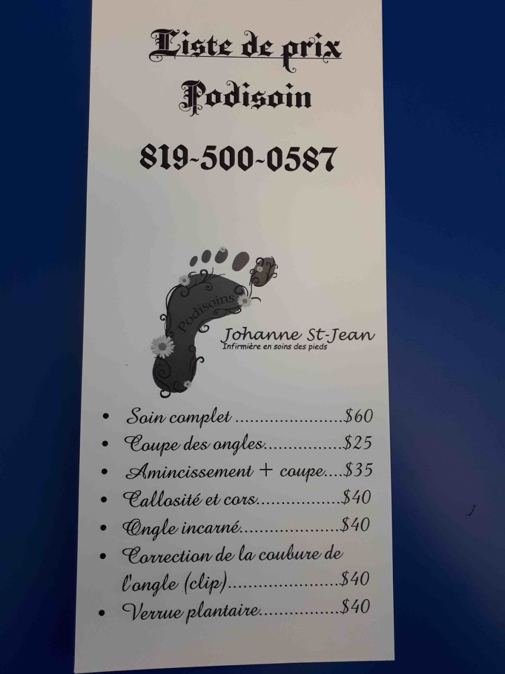 Infirmière en soins des pieds..PODISOIN; Johanne St-Jean | 214 Boulevard de la cite-des-Jeunes porte 1B, Gatineau, QC J8Y 6S8, Canada | Phone: (819) 500-0587