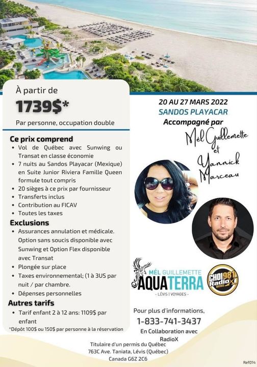 Voyages Aqua Terra Lévis | 763c Av. Taniata, Lévis, QC G6Z 2C6, Canada | Phone: (418) 741-3437