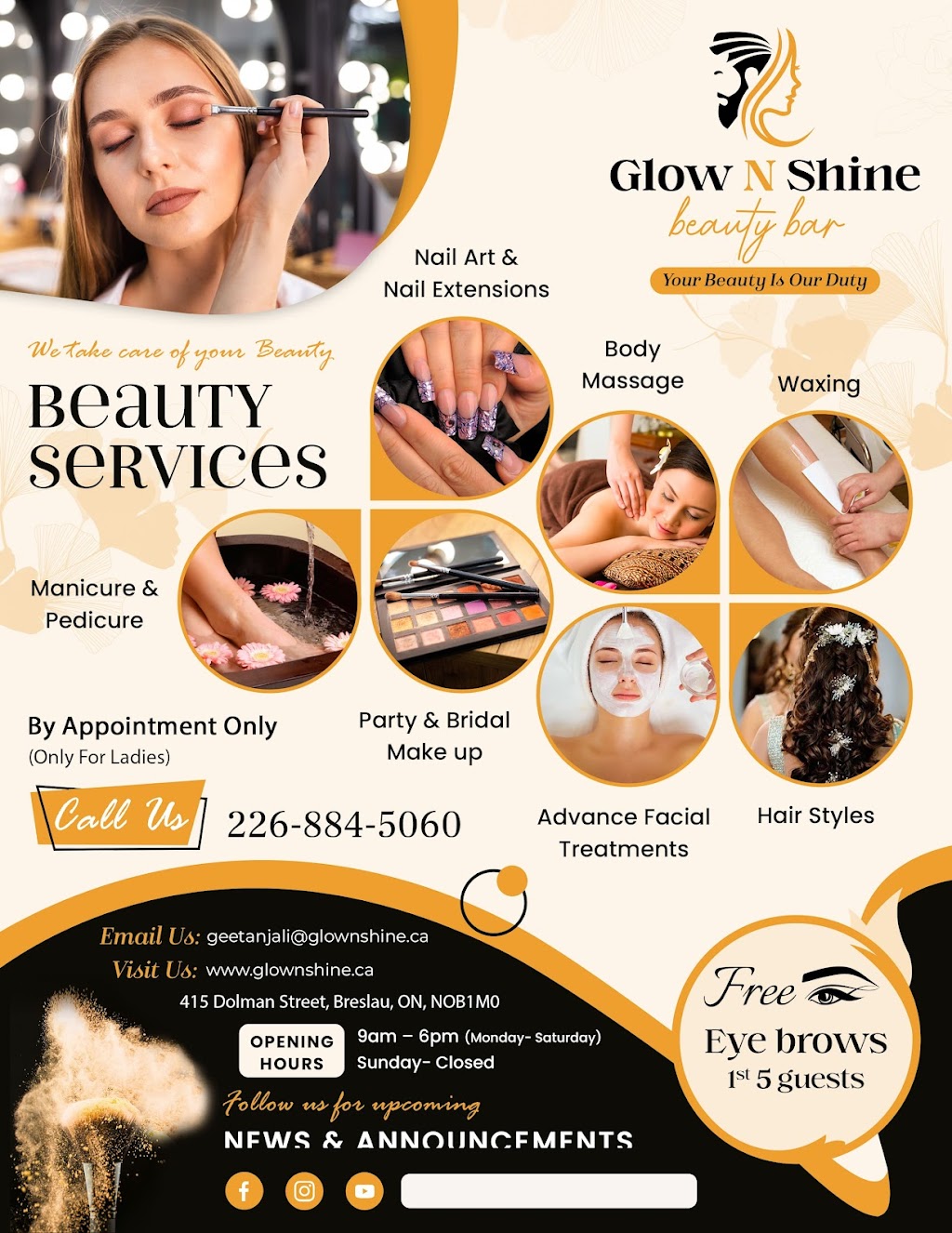 GLOW N SHINE BEAUTY BAR INC. | 415 Dolman St, Breslau, ON N0B 1M0, Canada | Phone: (226) 899-2425