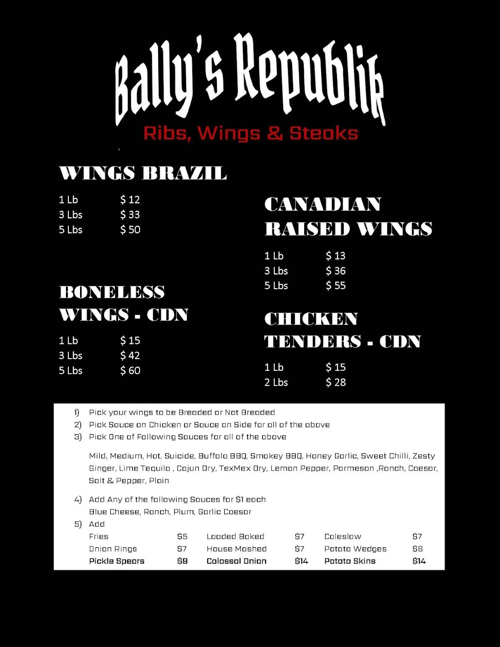 Ballys Ribs, Wings & Steak Republik | 1077 N Service Rd Unit 13, Mississauga, ON L4Y 1A6, Canada | Phone: (905) 275-7200