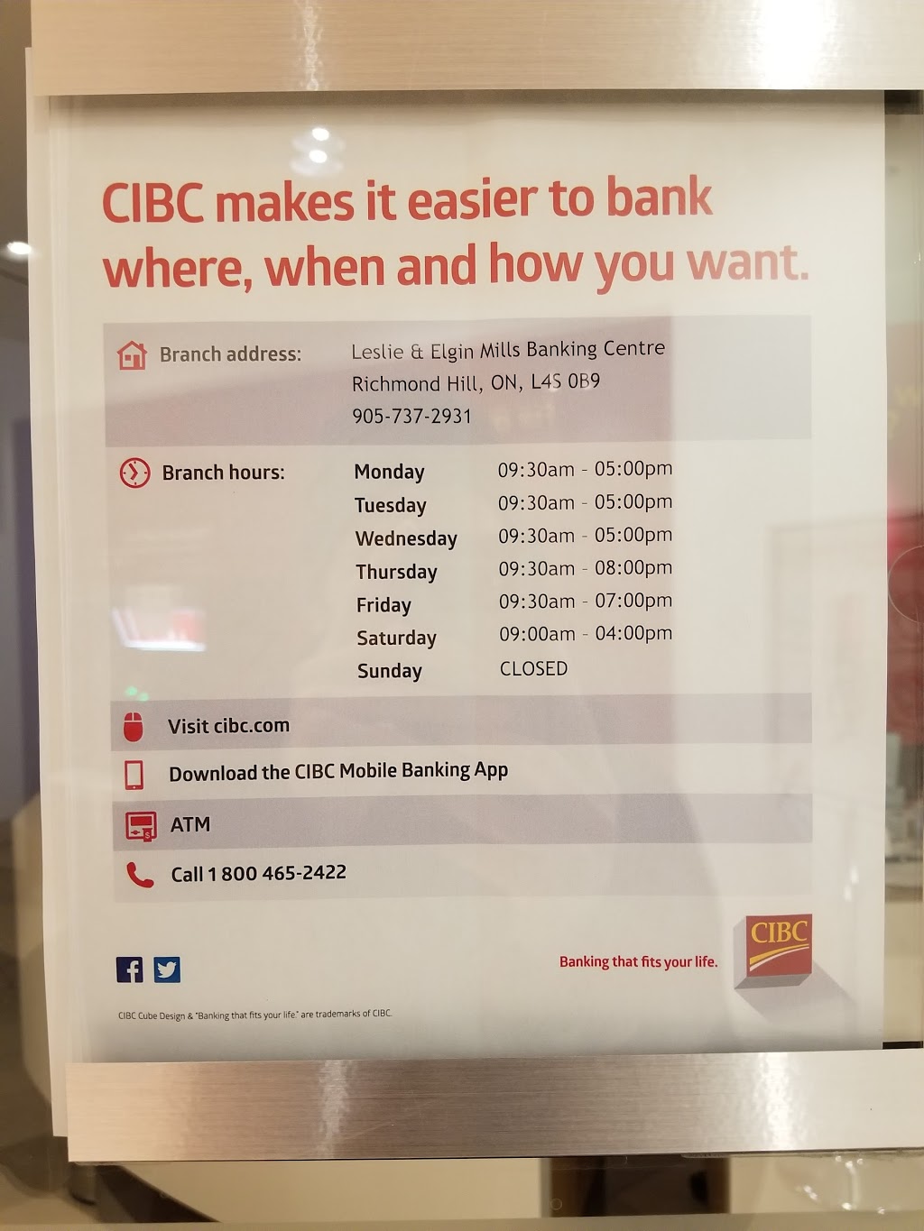 CIBC Branch (Cash at ATM only) | 10652 Leslie St Building B, Richmond Hill, ON L4S 0B9, Canada | Phone: (905) 737-2931