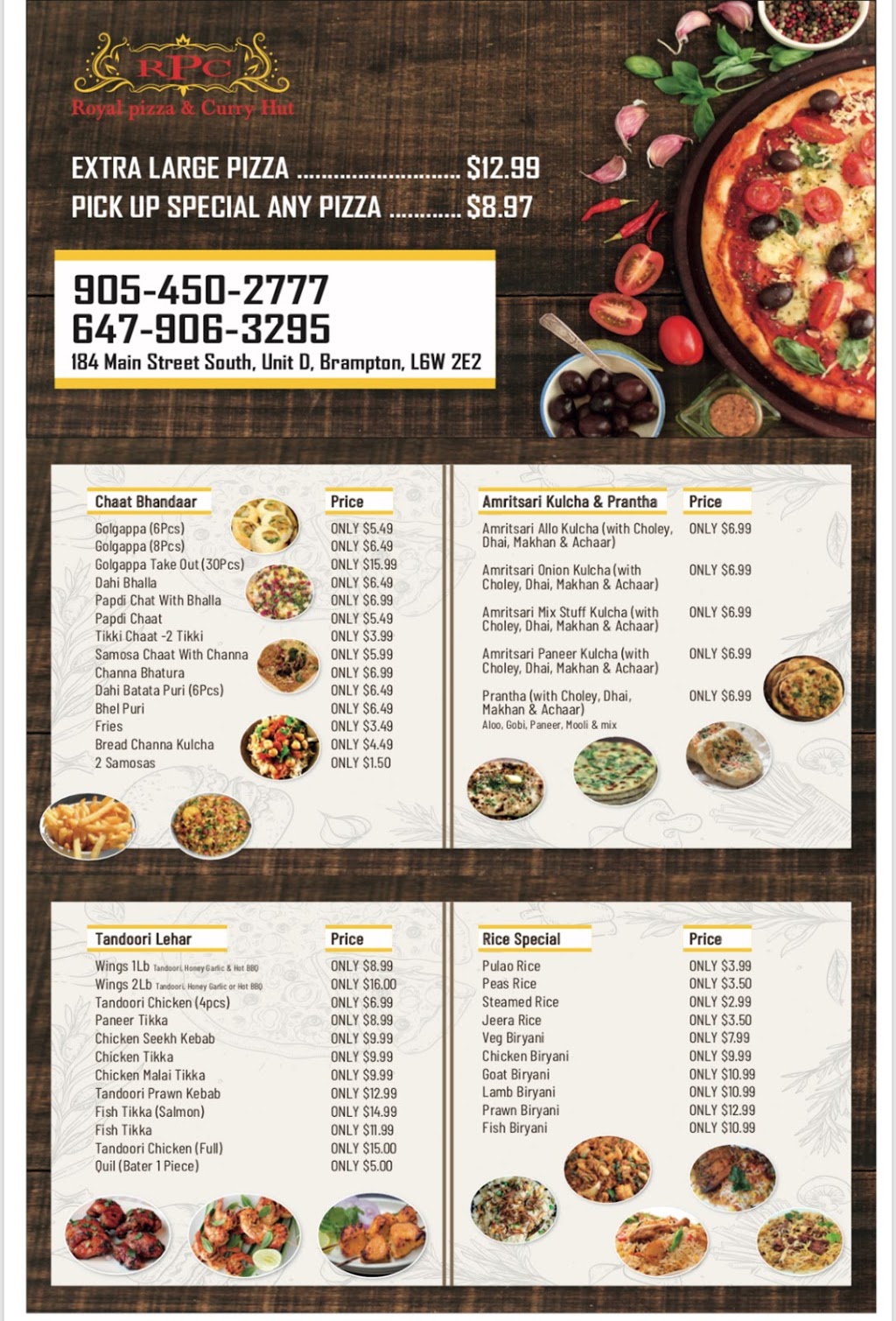 Royal Pizza & Curry Hut | 184 Main St S, Brampton, ON L6W 2E2, Canada | Phone: (905) 450-2777