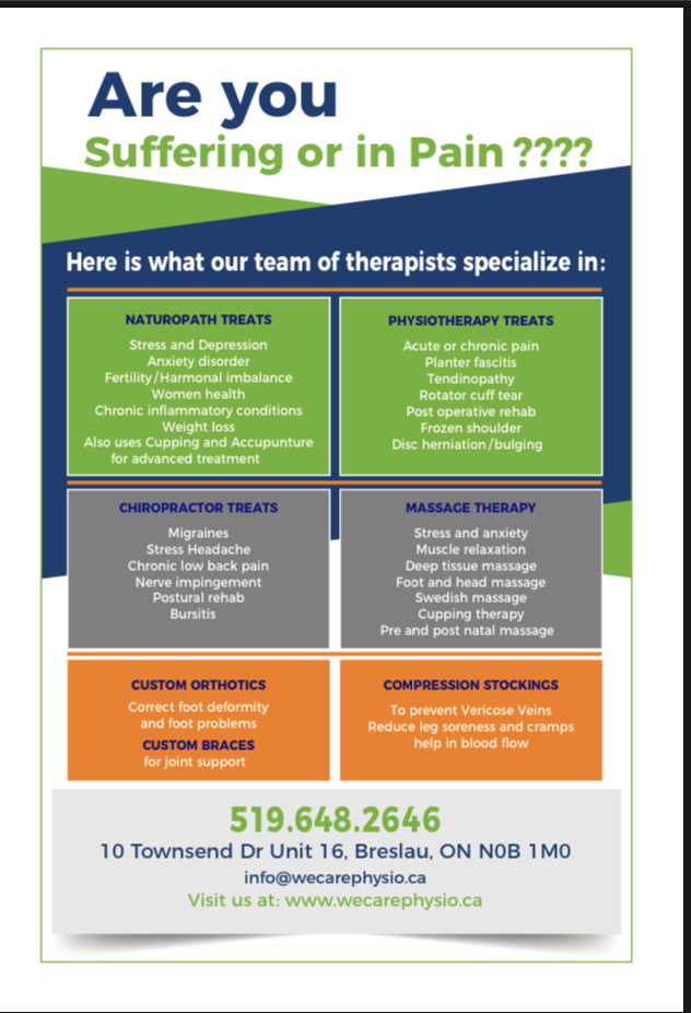 WE CARE PHYSIOTHERAPY | 10 Townsend Dr Unit 16, Breslau, ON N0B 1M0, Canada | Phone: (519) 648-2646