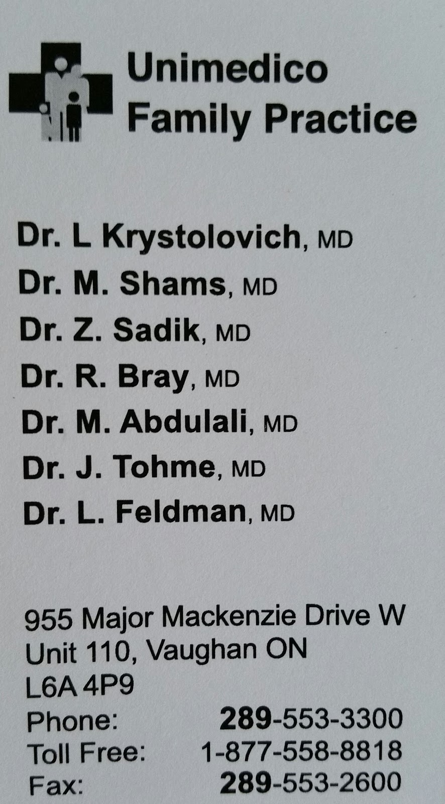 Unimedico Family Practice | 955 Major MacKenzie Dr W #110, Maple, ON L6A 4P9, Canada | Phone: (877) 558-8818