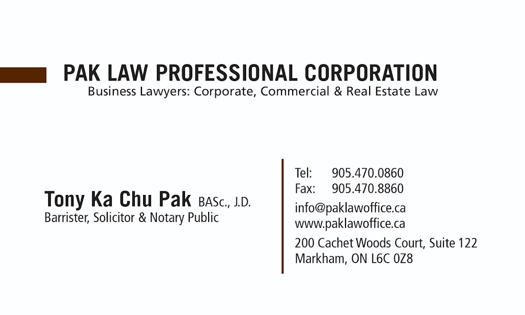 Pak Law Professional Corporation | 200 Cachet Woods Ct Suite 122, Markham, ON L6C 0Z8, Canada | Phone: (905) 470-0860