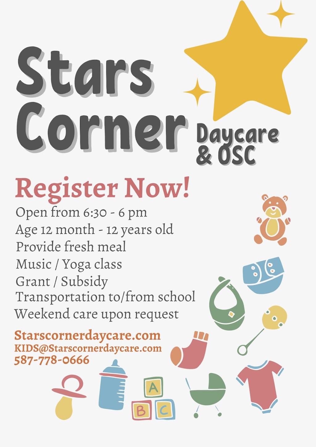 Stars Corner Daycare &OSC. | 9080 25 Ave SW #154, Edmonton, AB T6X 2H4, Canada | Phone: (587) 778-0666