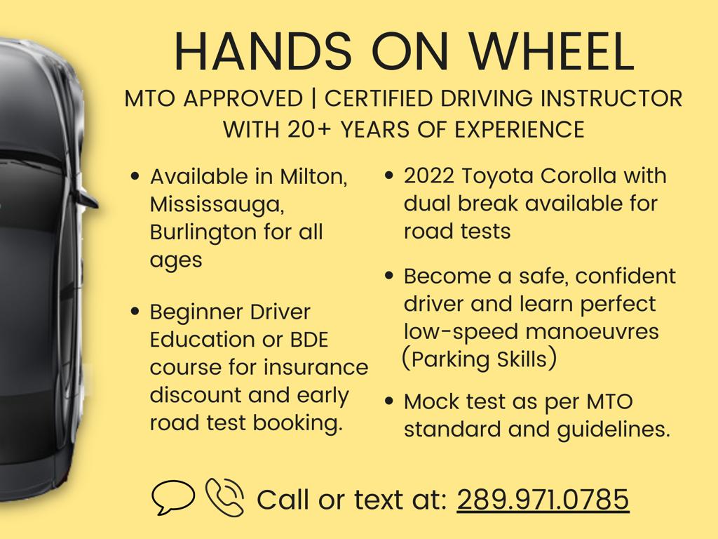 Hands On Wheel Driving School Milton & Oakville | 762 Sugden Terrace, Milton, ON L9T 8K2, Canada | Phone: (289) 971-0785