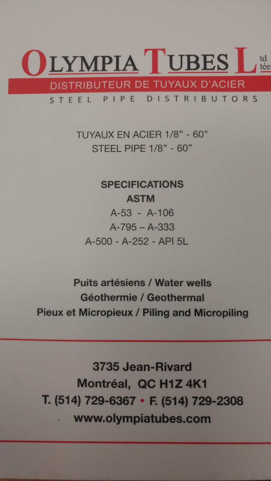 Olympia Tubes Ltd | 3735 Rue Jean-Rivard, Montréal, QC H1Z 4K1, Canada | Phone: (514) 729-6367