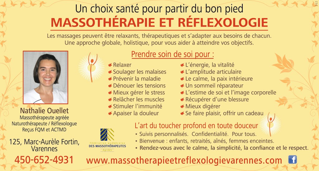 Masso-Kinésithérapie et Réflexologie Nathalie Ouellet | 125 Rue Marc-Aurèle-Fortin, Varennes, QC J3X 1X2, Canada | Phone: (450) 652-4931