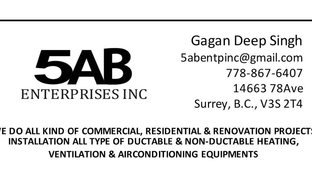 5AB Enterprises Inc. | 14663 78 Ave, Surrey, BC V3S 2T4, Canada | Phone: (778) 867-6407