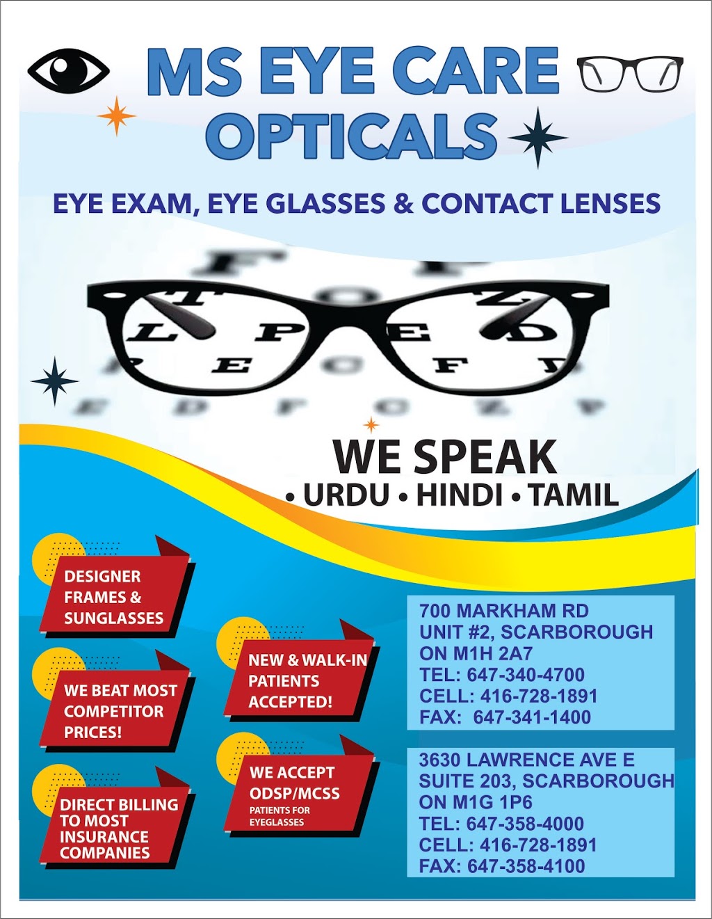 MS Eye Care Opticals | 3630 Lawrence Ave E Suite 203, Scarborough, ON M1G 1P6, Canada | Phone: (416) 728-1891