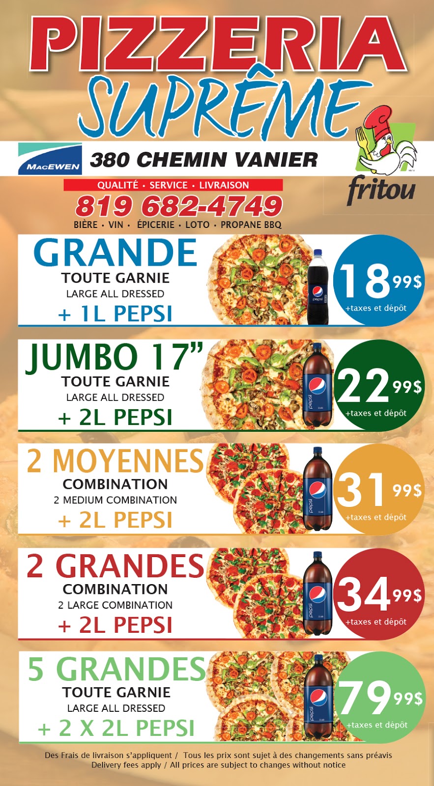 Suprême Pizzeria | 380 Chemin Vanier, Gatineau, QC J9J 3H8, Canada | Phone: (819) 682-4749