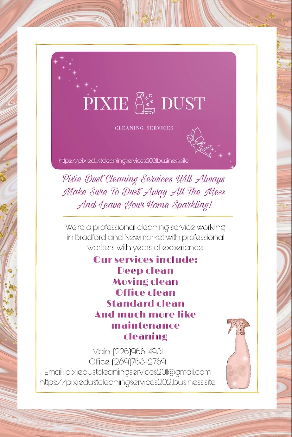 Pixie Dust Cleaning Services | 301 Inverness Wy, Bradford, ON L3Z 0W8, Canada | Phone: (226) 966-4931