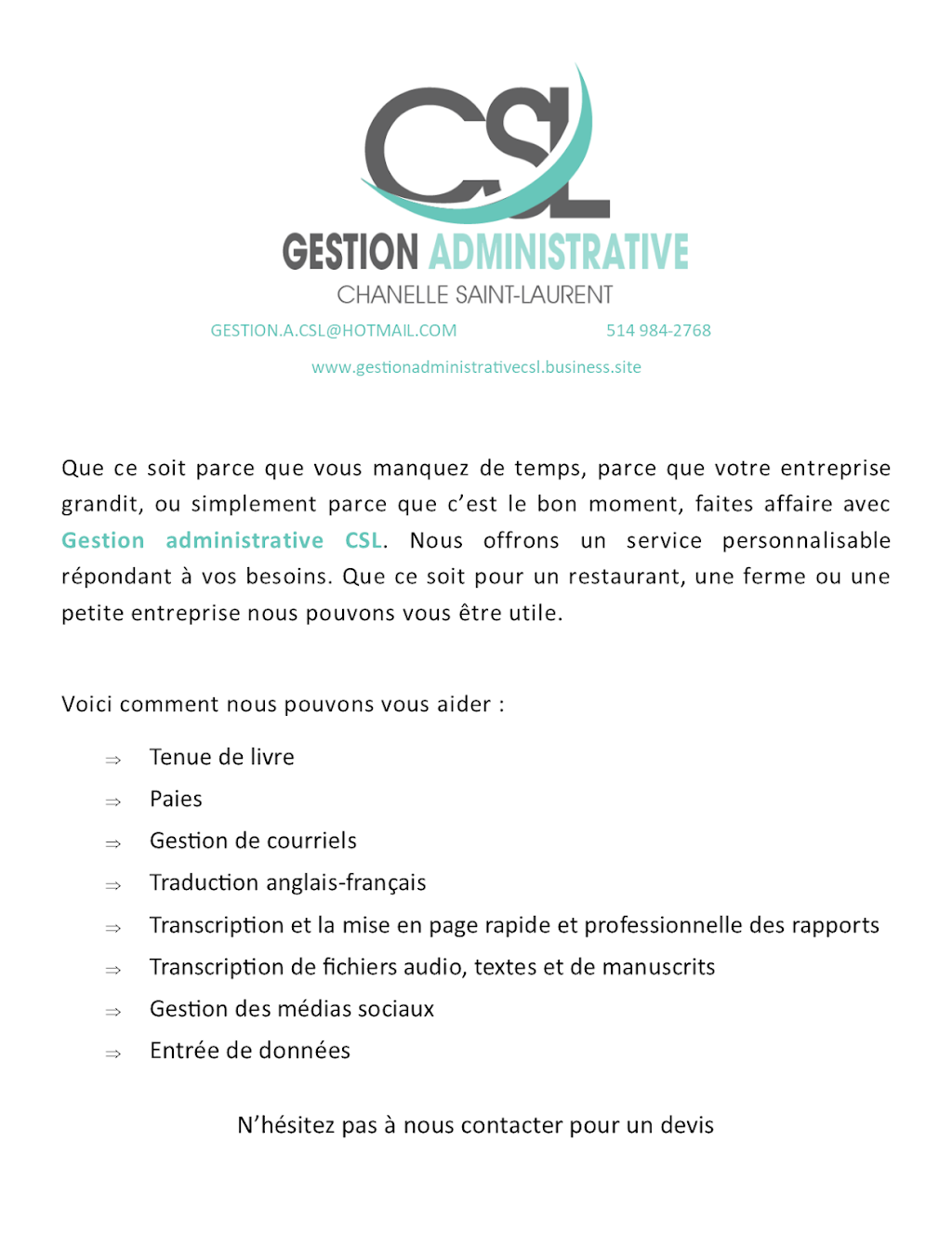 Gestion Administrative CSL | 295 Rue du Domaine, Saint-Denis-sur-Richelieu, QC J0H 1K0, Canada | Phone: (514) 984-2768