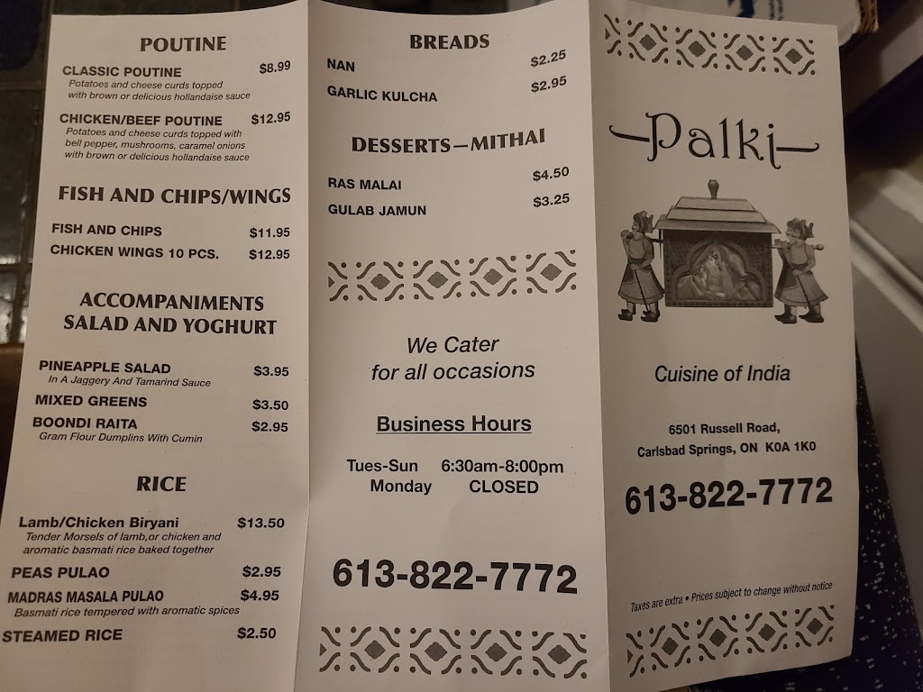 Palki Cuisine of India | 6501 Russell Rd, Carlsbad Springs, ON K0A 1K0, Canada | Phone: (613) 822-7772