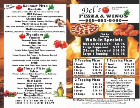 Dels Pizza & Wings | 3194 Hamilton Regional Rd 56, Binbrook, ON L0R 1C0, Canada | Phone: (905) 692-5000