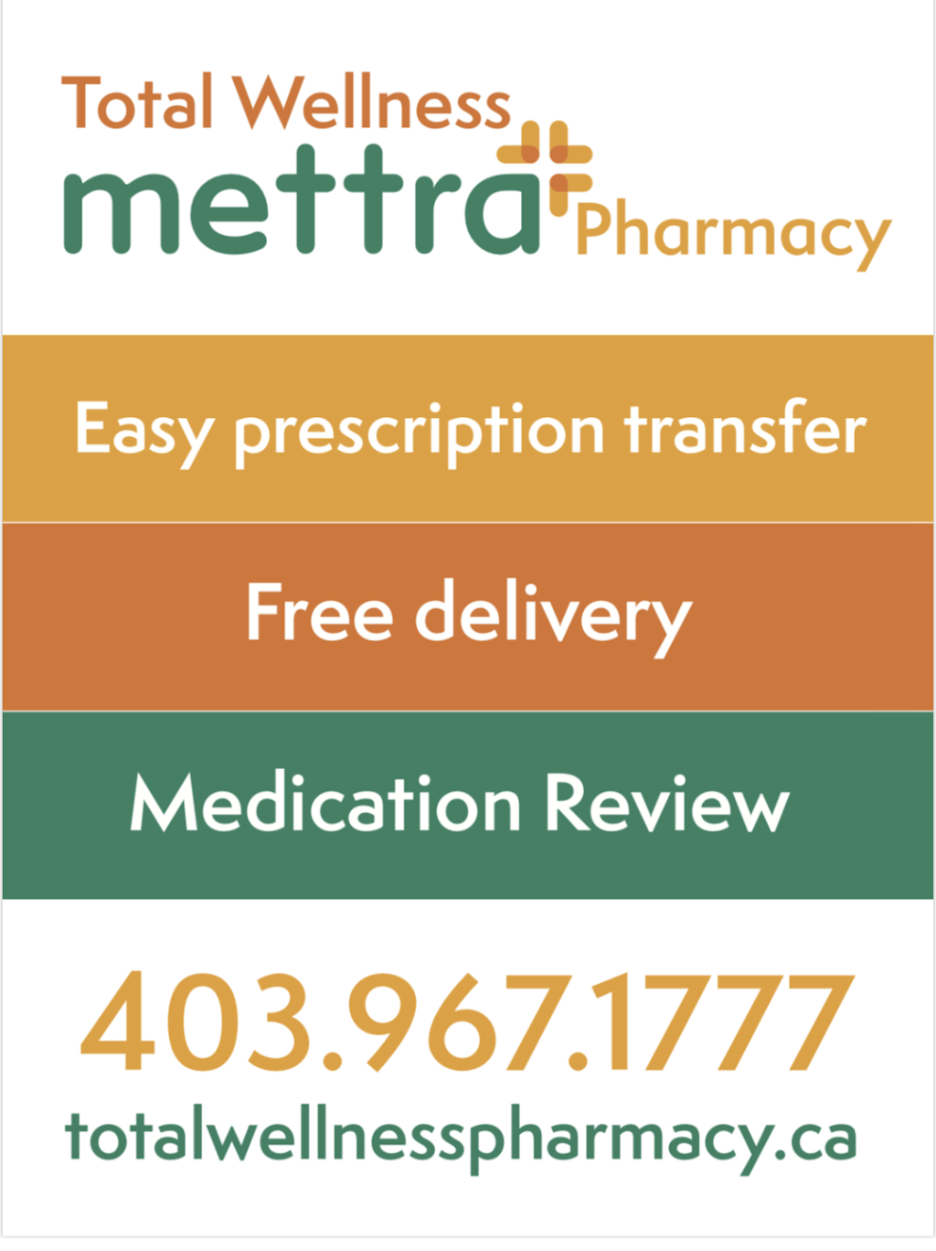 Total Wellness mettra Pharmacy | 6845 66 St NW #120, Red Deer, AB T4P 3T5, Canada | Phone: (403) 967-1777