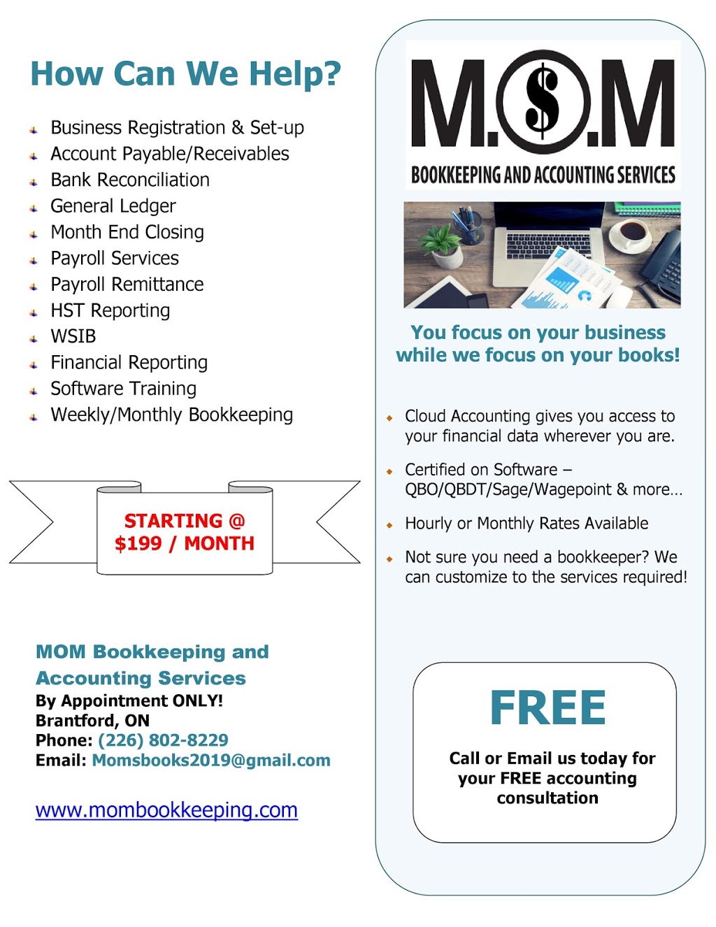 MOM Bookkeeping and Accounting Service | 100 Tollgate Rd #50, Brantford, ON N3R 7R7, Canada | Phone: (226) 802-8229