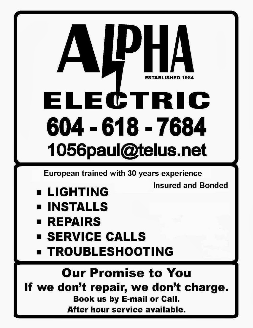 ALPHA ELECTRIC | W 22nd Ave, Vancouver, BC V6S 1J7, Canada | Phone: (604) 618-7684