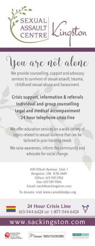 Sexual Assault Centre Kingston | 400 Elliott Ave #1, Kingston, ON K7K 6M9, Canada | Phone: (613) 545-0762