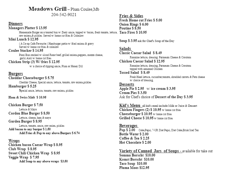 Meadows Grill | 50 Highway Ave, Plum Coulee, MB R0G 1R0, Canada | Phone: (204) 542-9021