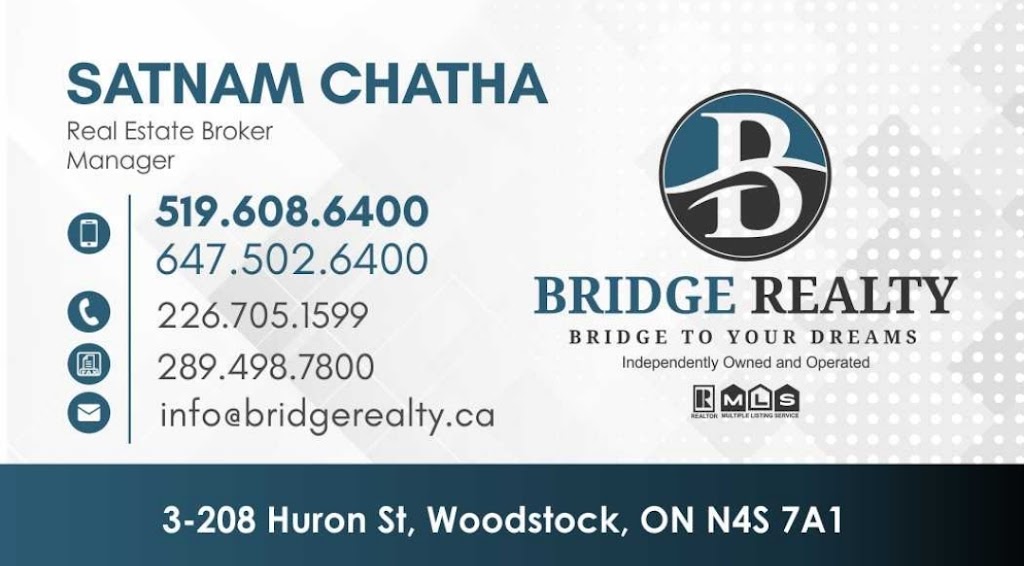 Satnam Chatha Real Estate Broker Manager at Bridge Realty | 208 Huron St, Woodstock, ON N4S 7A1, Canada | Phone: (519) 608-6400