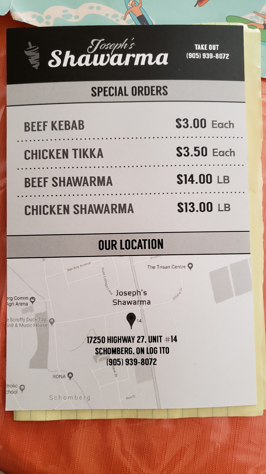 Joseph’s Shawarma | 17250 York Regional Rd 27, Schomberg, ON L0G 1T0, Canada | Phone: (905) 939-8072