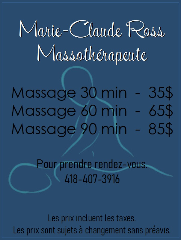 Marie-Claude Ross Massothérapeute | 9585 Av. Nantel, Québec, QC G2B 5A2, Canada | Phone: (418) 407-3916