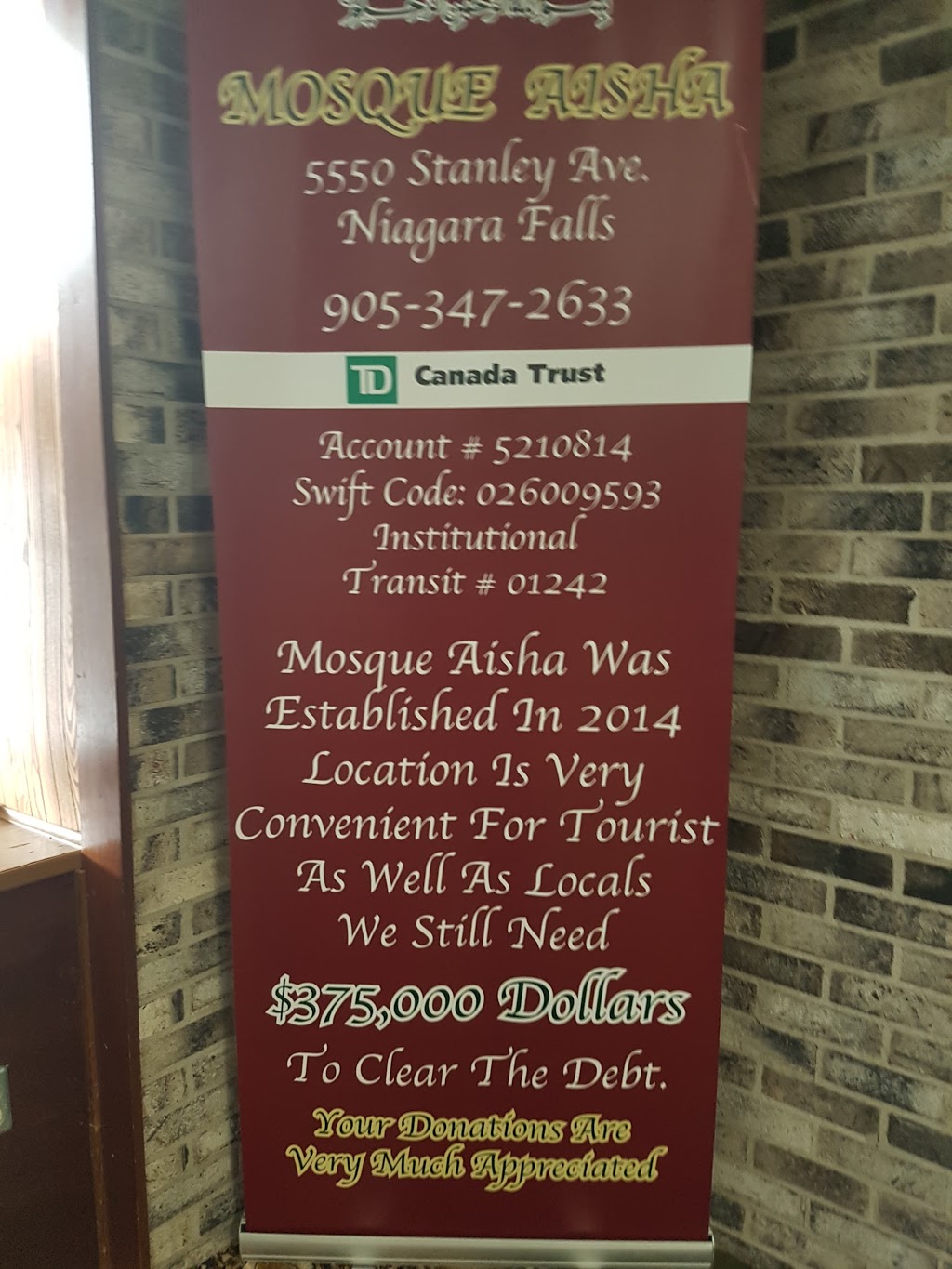 Mosque Aisha | 5550 Stanley Ave, Niagara Falls, ON L2G 3X2, Canada | Phone: (905) 347-2633