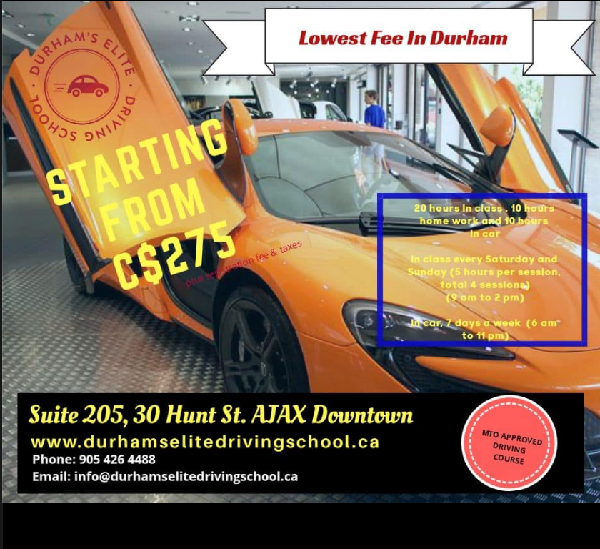 Durhams Elite Driving School | upper offices, 200 John St W Unit 3, Oshawa, ON L1J 2B4, Canada | Phone: (647) 836-7573