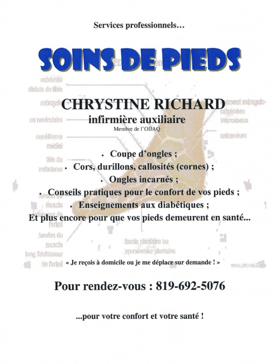 Soins Des Pieds Christine | 4490 Place Désiré Ricard, Trois-Rivières, QC J8Y 4S8, Canada | Phone: (819) 692-5076