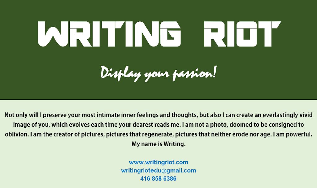 Writing Riot (OCT-certified English Teacher) | 30 South Unionville Ave Unit 2077, Markham, ON L3R 5M3, Canada | Phone: (416) 858-6386