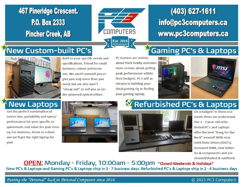 PC3 Computers | 467 Pineridge Crescent, Pincher Creek, AB T0K 1W0, Canada | Phone: (403) 627-1611