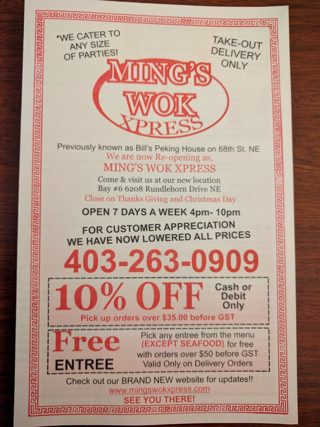 Mings Wok Xpress | 6208 Rundlehorn Dr NE #6, Calgary, AB T1Y 2X1, Canada | Phone: (403) 263-0909