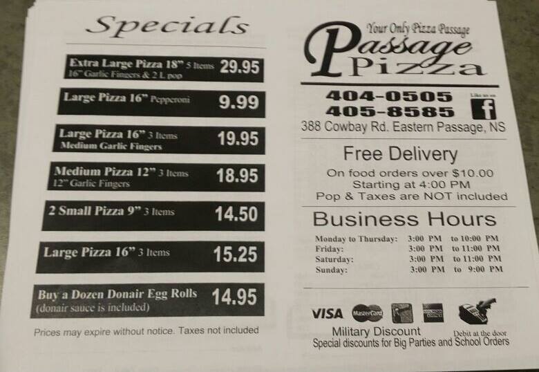 Passage Pizza | 388 Cow Bay Rd, Eastern Passage, NS B3G 1J4, Canada | Phone: (902) 404-0505