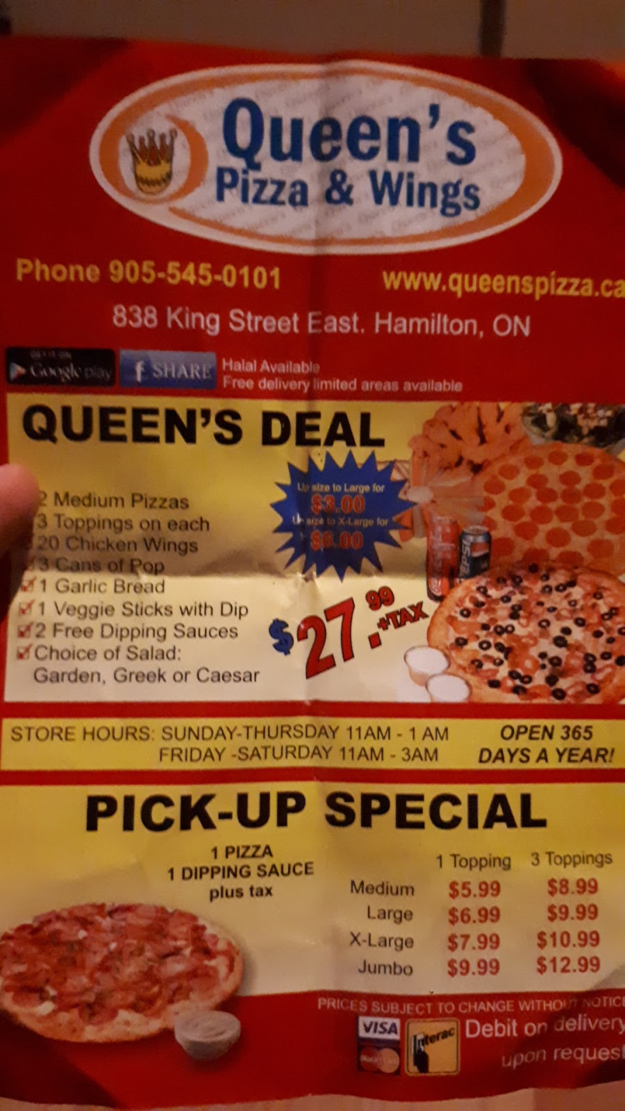 Queens Pizza & Wings | 838 King St E, Hamilton, ON L8M 1B4, Canada | Phone: (905) 545-0101