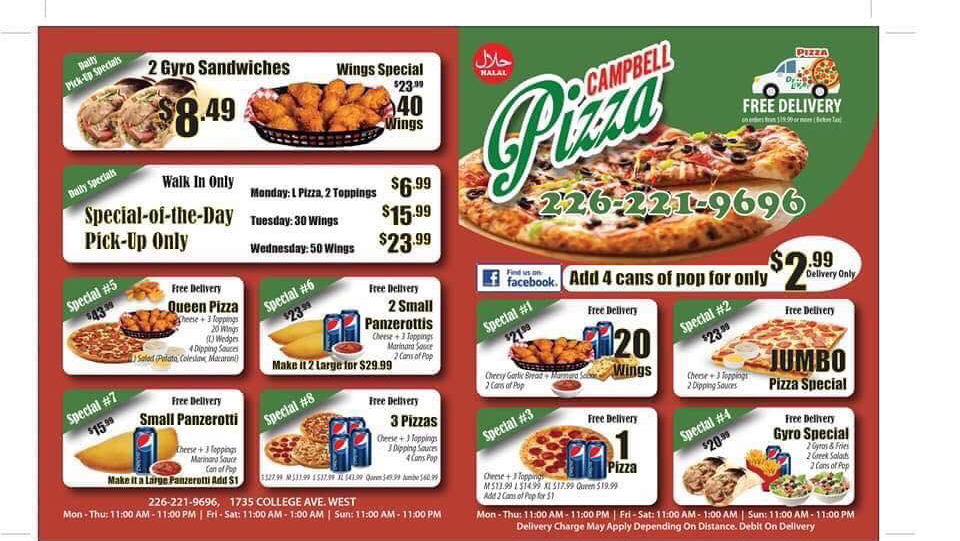 Campbell Pizza | 1735 College Ave, Windsor, ON N9B 1M4, Canada | Phone: (226) 221-9696