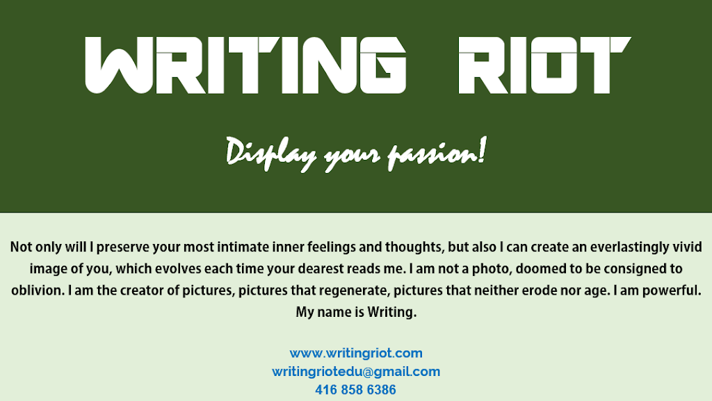 Writing Riot (OCT-certified English Teacher) | 30 South Unionville Ave Unit 2077, Markham, ON L3R 5M3, Canada | Phone: (416) 858-6386