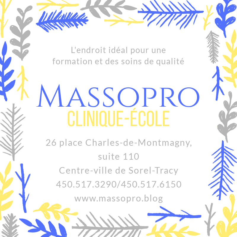 Massopro - École de massothérapie professionnelle | 26 Pl. Charles de Montmagny Suite 110, Sorel-Tracy, QC J3P 7E3, Canada | Phone: (450) 517-6150