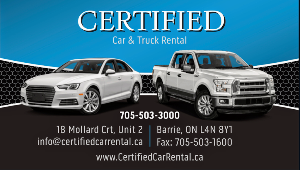 Certified Car & Truck Rental | 18 Mollard Ct, Barrie, ON L4N 8Y1, Canada | Phone: (705) 503-3000