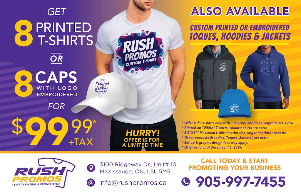 Rush Promos T-Shirt Printing & Promo Items | 3100 Ridgeway Dr Unit# 10, Mississauga, ON L5L 5M5, Canada | Phone: (905) 997-7455