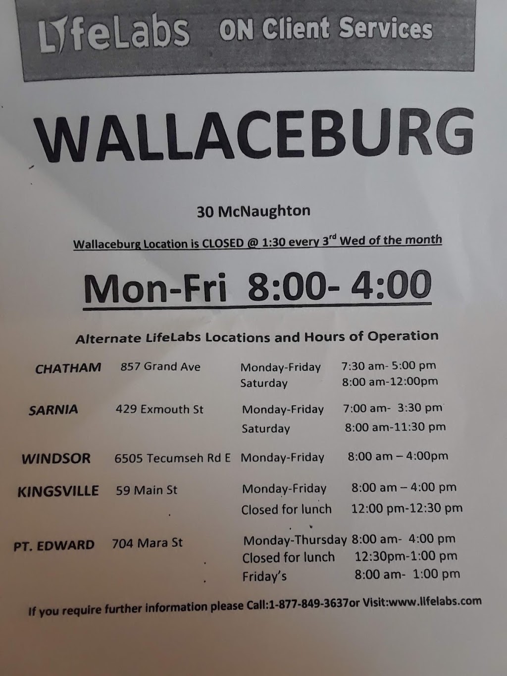 LifeLabs Medical Laboratory Services | 30 McNaughton Ave Unit #6, Wallaceburg, ON N8A 1R9, Canada | Phone: (877) 849-3637