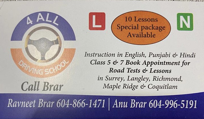 4ALL Driving School | 7582 127a St, Surrey, BC V3W 2G6, Canada | Phone: (604) 996-5191