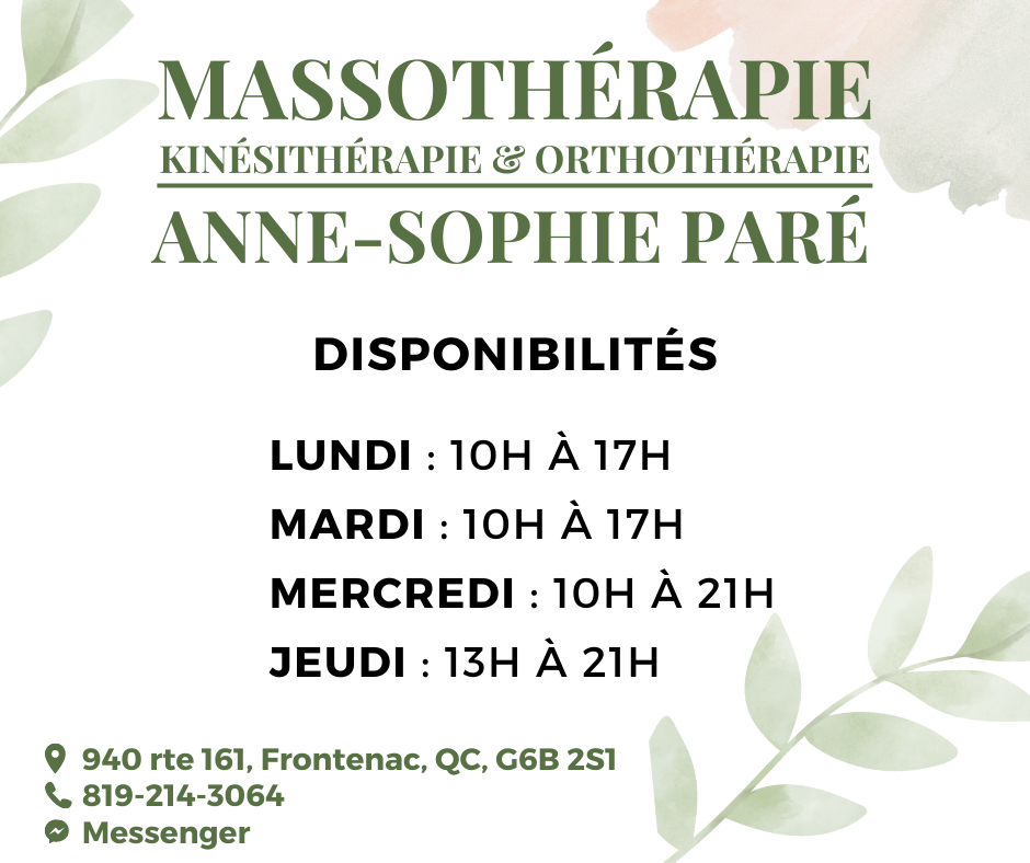 Massothérapie Anne-Sophie Paré | 940 QC-161, Frontenac, QC G6B 2S1, Canada | Phone: (819) 214-3064