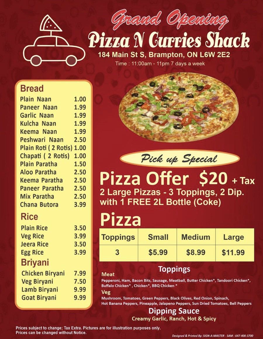 Pizza N Curry Shack | 184-D Main St S, Brampton, ON L6W 2E2, Canada | Phone: (905) 450-2777